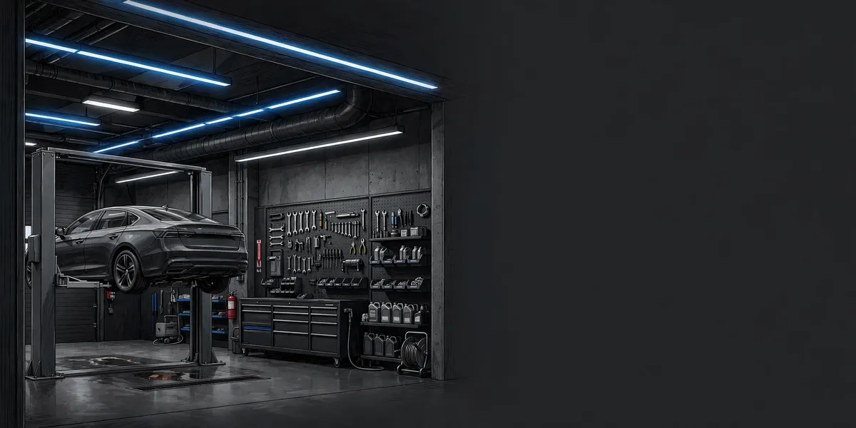 Illustrated interior of a clean auto repair garage with a gray sedan on a lift