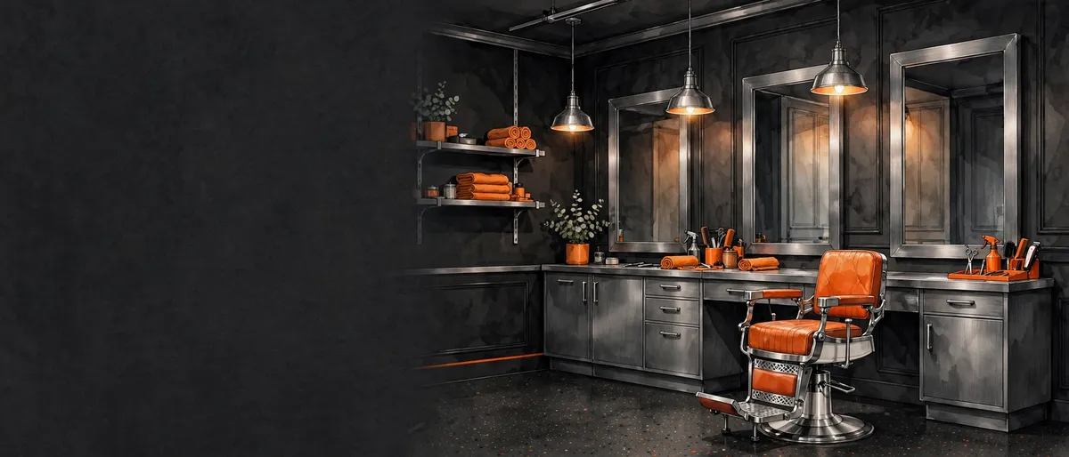 Illustrated interior of a modern neighborhood barbershop with an orange barber chair