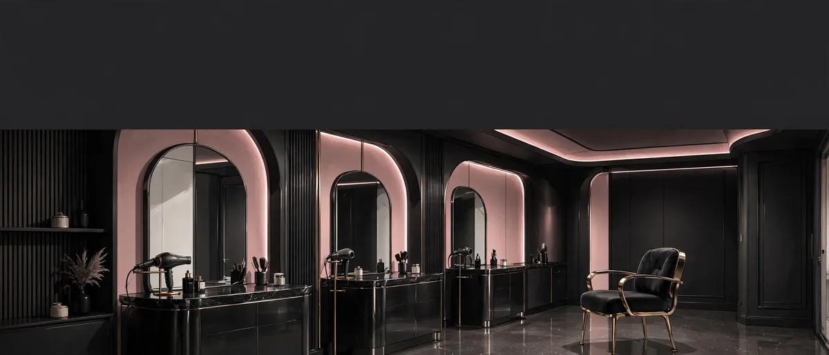 Illustrated interior of a refined modern beauty salon with softly lit mirrors